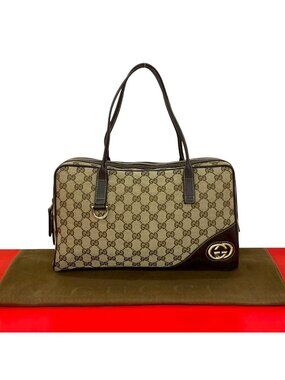 Gucci GG Logo Canvas Leather Boston Bag Tote Brown